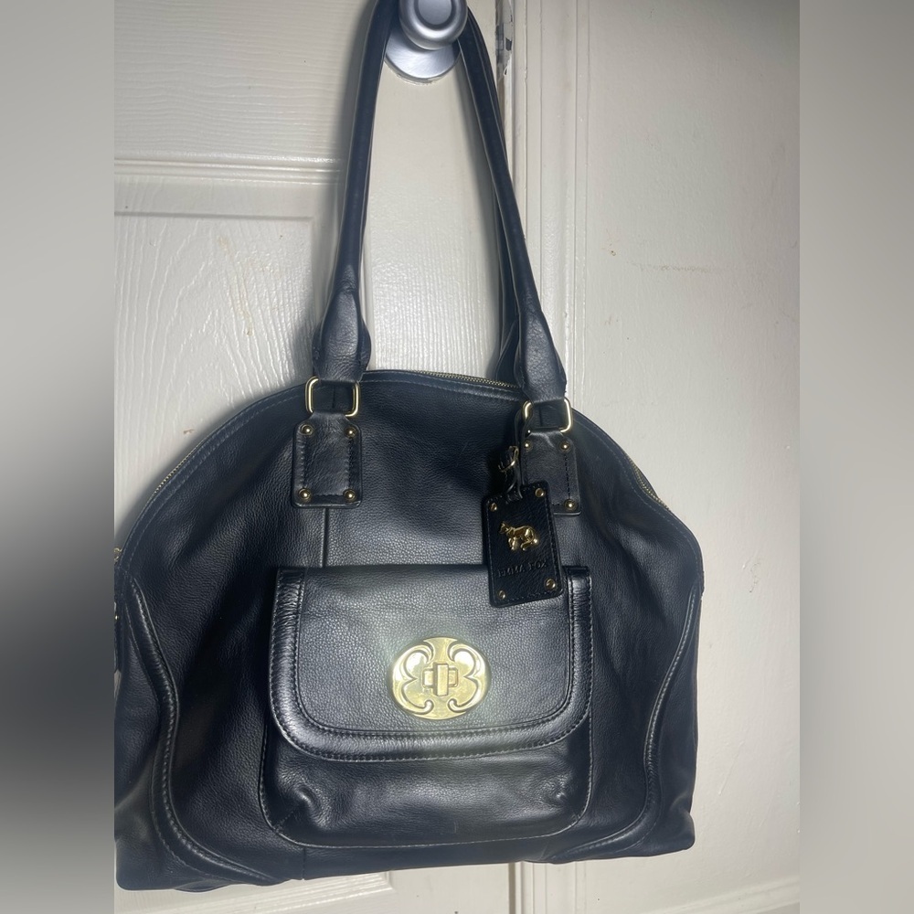 EMMA FOX Black Leather Large Satchel Bag Turn Lock Clasp